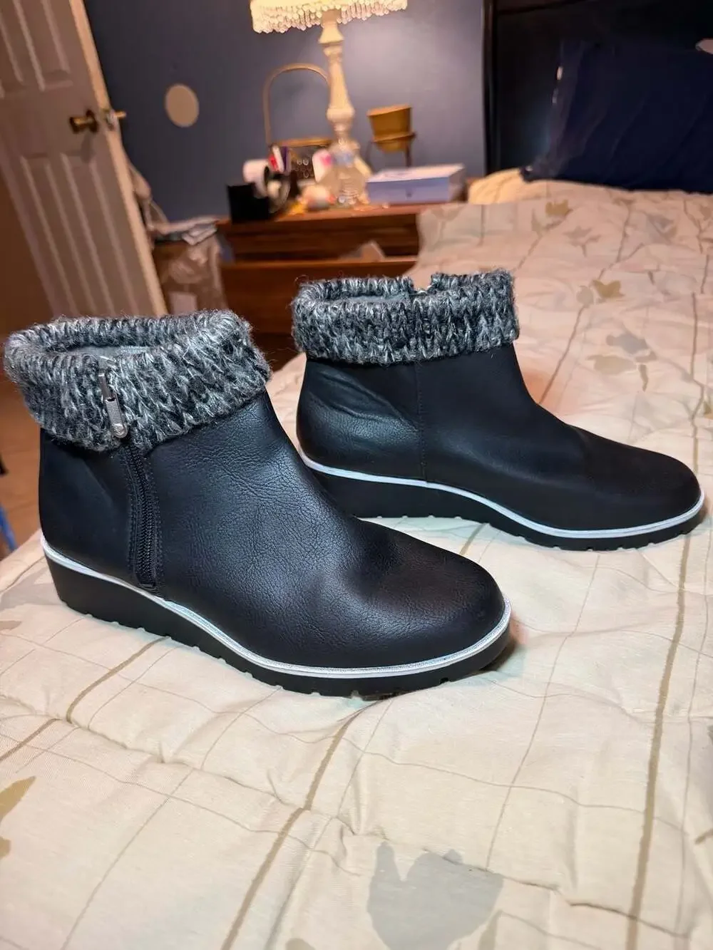 Adrienne Vittadini Sport Trapeza Black Faux Leather Wedge Ankle Boots  Knit Cuff